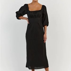 LILAH BLACK LINEN MIDI DRESS